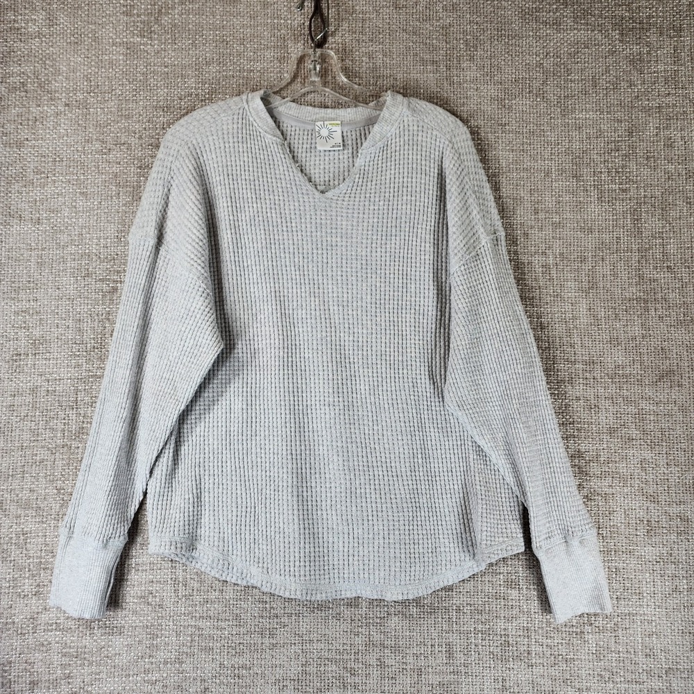 Aerie OFFLINE Waffle Knit Oversized Notch Neck Top Womens M Gray Thumbholes